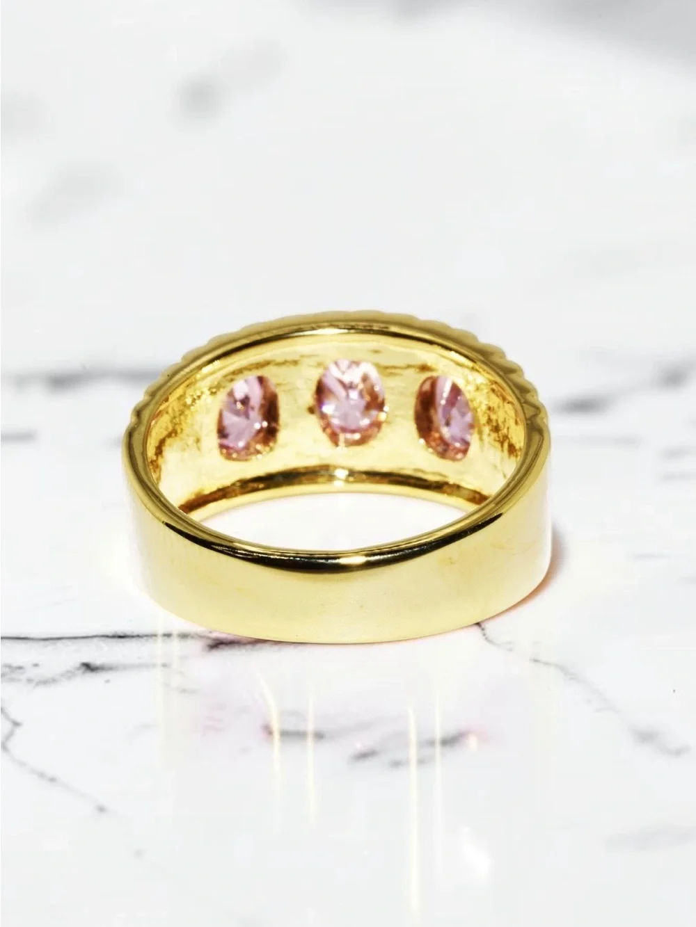 Pink Lab Sapphire 3 Stone Ring Gold Plated Sterling Silver Oval Cocktail Sz 8